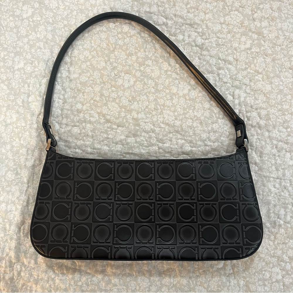 SOLD ON DEPOP - Salvatore Ferragamo Black Leather Shoulder Bag - Logo Polka Dot